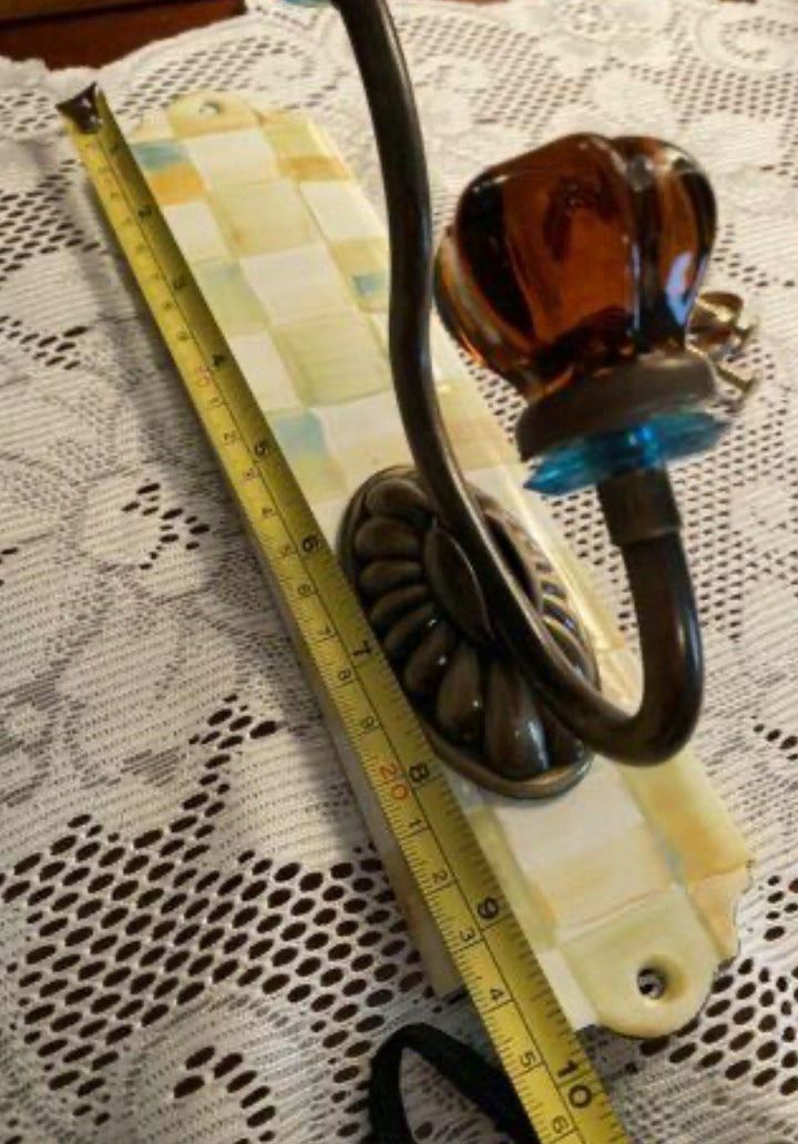 MacKenzie Childs Parchment Check Enamel Double Wall Hook Blue Rings- Retired