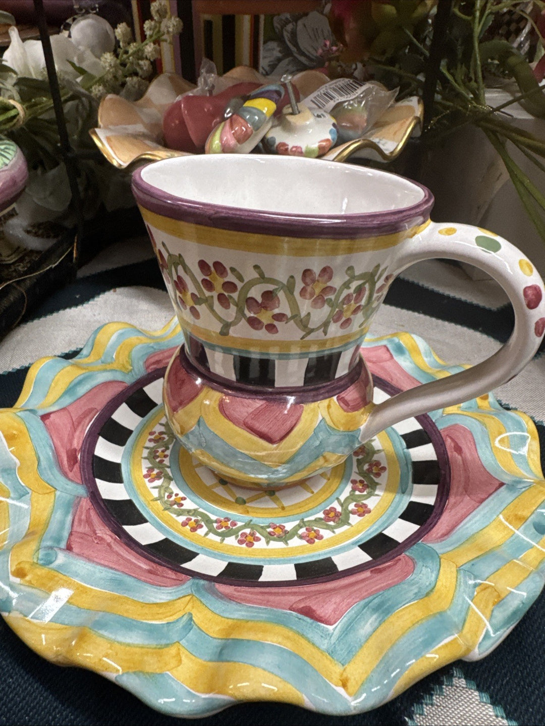 NEW Mackenzie Childs Hitchcock Field TAYLOR MUG Only Hand Painted Majolica