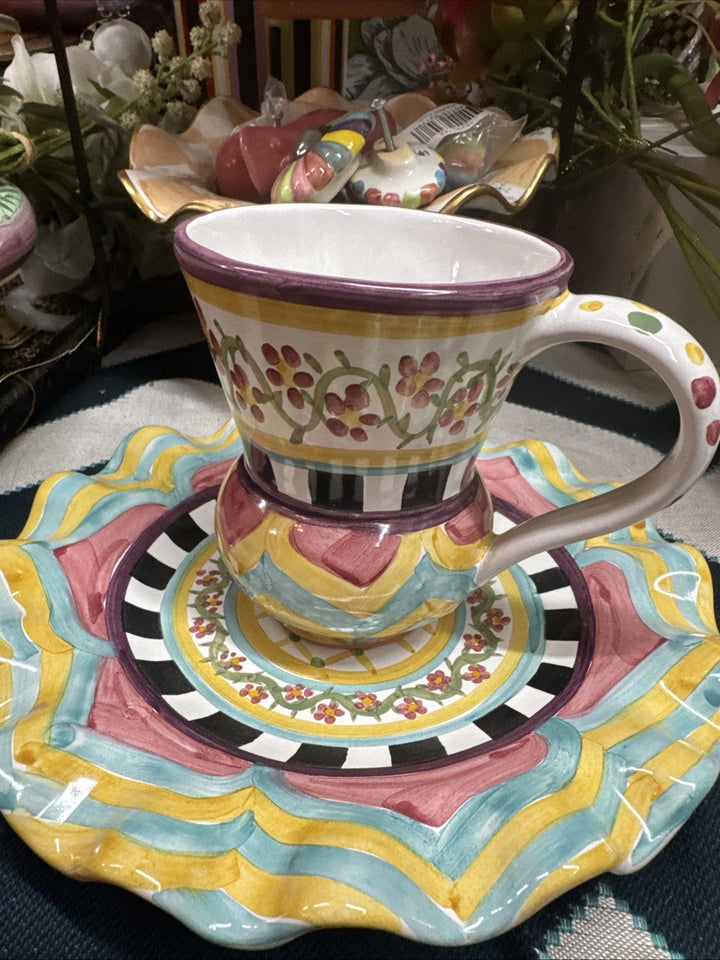 NEW Mackenzie Childs Hitchcock Field TAYLOR MUG Only Hand Painted Majolica