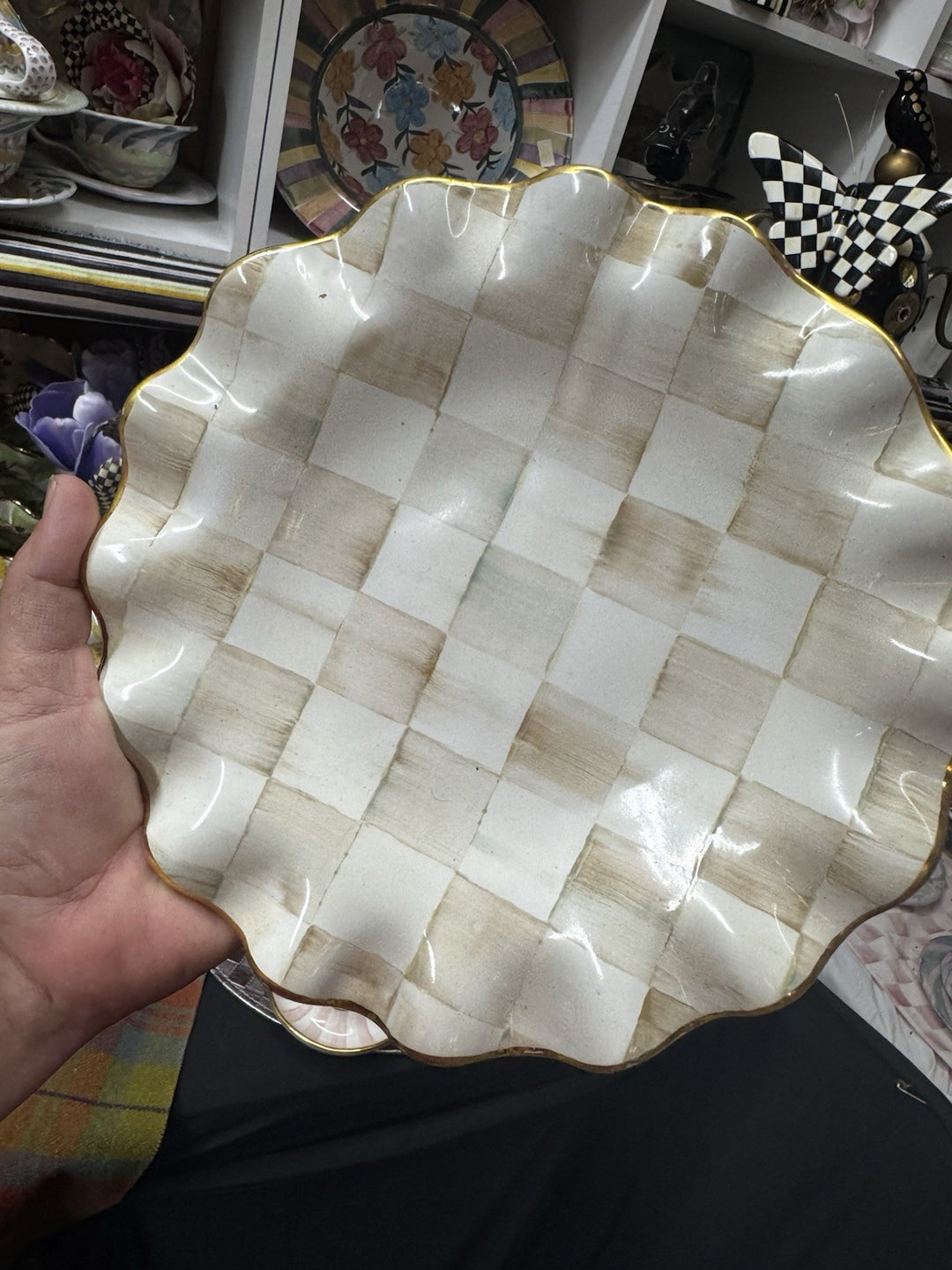 9” Mackenzie Childs   PARCHMENT CHECK CERAMIC FLUTED Gold Trim DESSERT PLATE- 1