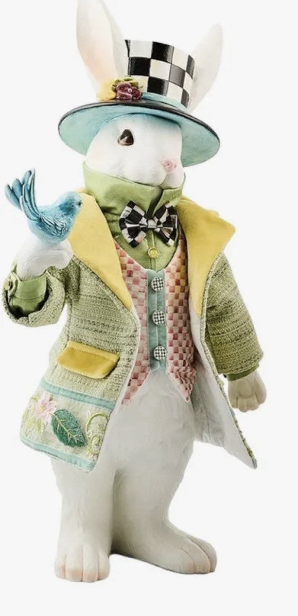 MacKenzie-Childs Frolic Spring Mr Rabbit 21.5” Tall, Fabric Jacket Blue Bird HTF