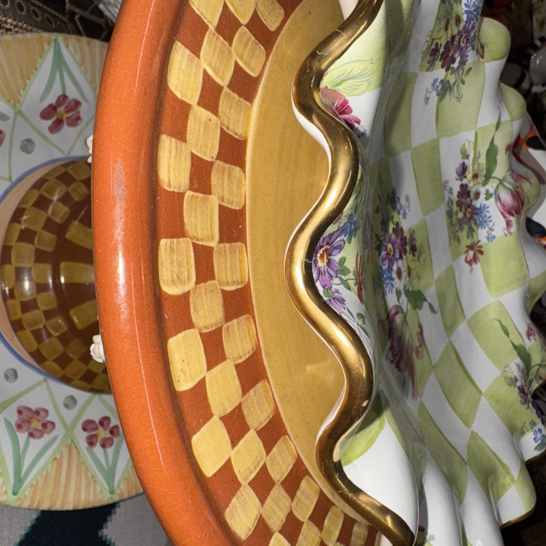 9” Mackenzie Childs Fluted Sweet Pea Green  Honeymoon Salad  Plate With Gold Rim