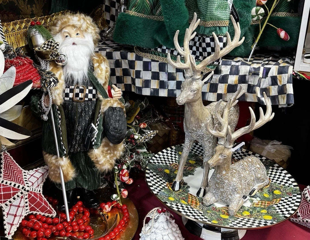 Mackenzie Childs Farmhouse Holiday Block Print Deer - Set Of 2- Nib