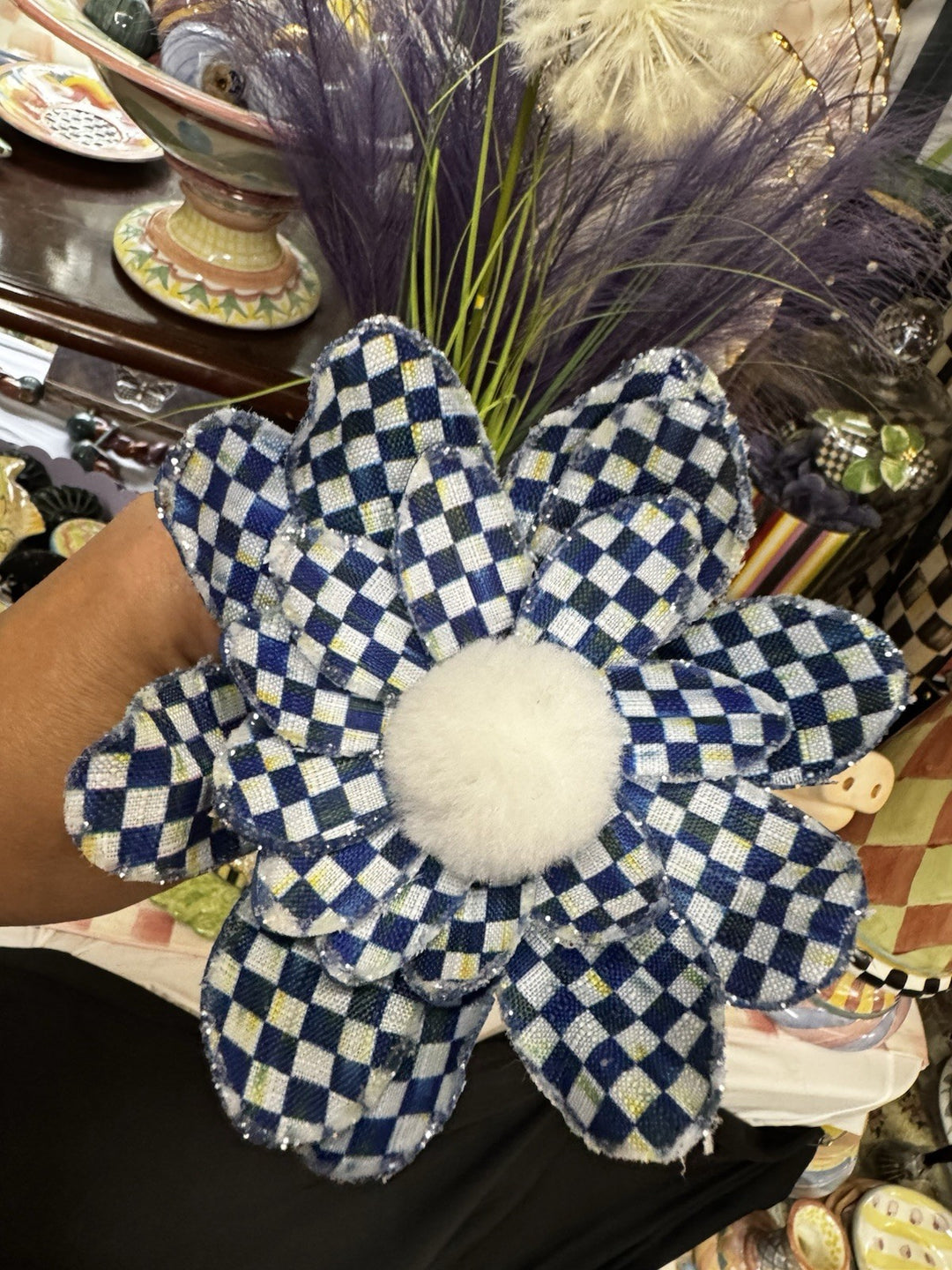 MacKENZIE CHILDS Royal Check With Pom Pom Flower Stem New With Tags- Retired