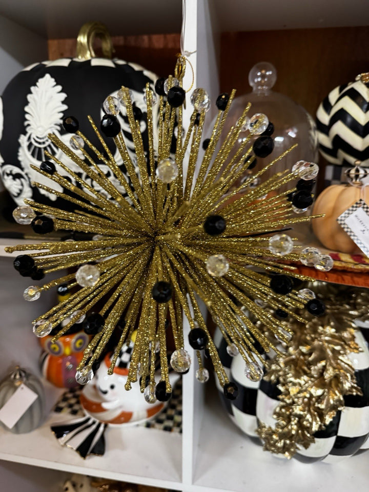 Mackenzie Childs Beaded Large Gold Orb Ornament, New 9” Round Hangs Retired