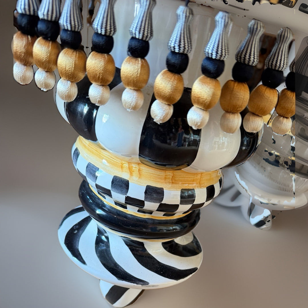 Mackenzie-Childs Black And White Beaded Retired  Setting Seat Ceramic Legs