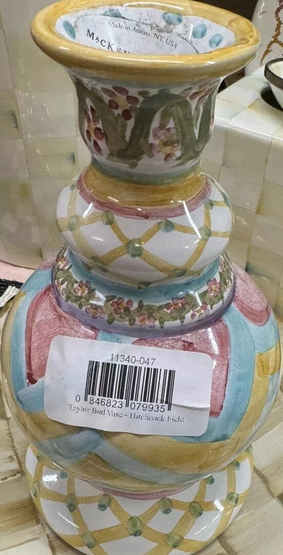 MacKenzie Childs Hitchcock Fields  Ceramic Bud Flower Vase 7.75"  Tall -new