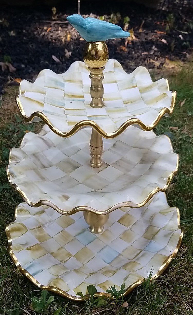 Mackenzie Childs Parchment Check Ceramic Three Tier Sweet Stand With Blue Bird