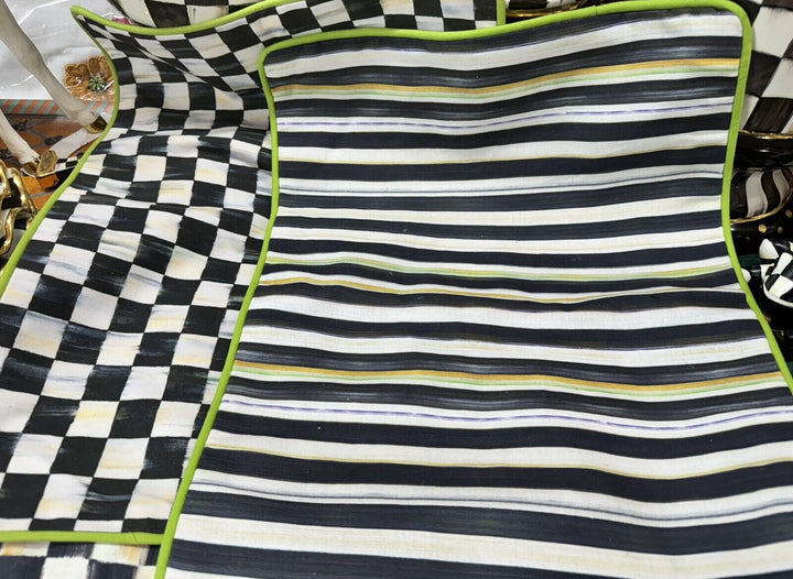 Mackenzie Childs OneCOURTLY CHECK/ STRIPE Reversible Placemat- Green Trim- Linen