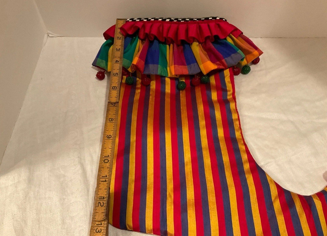 MacKenzie Childs Jester Christmas Stocking Balls Striped 15” Long- Retired Silk