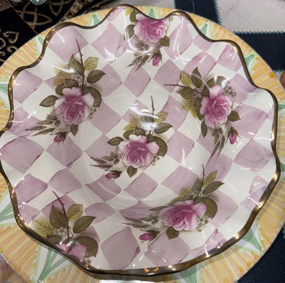 Mackenzie Childs Pink Rose Honeymoon  Fluted  Breakfast bowl 8.5” Ceramic