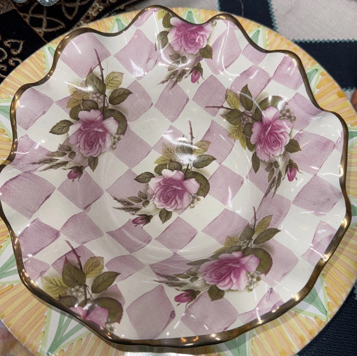 Mackenzie Childs Pink Rose Honeymoon  Fluted  Breakfast bowl 8.5” Ceramic