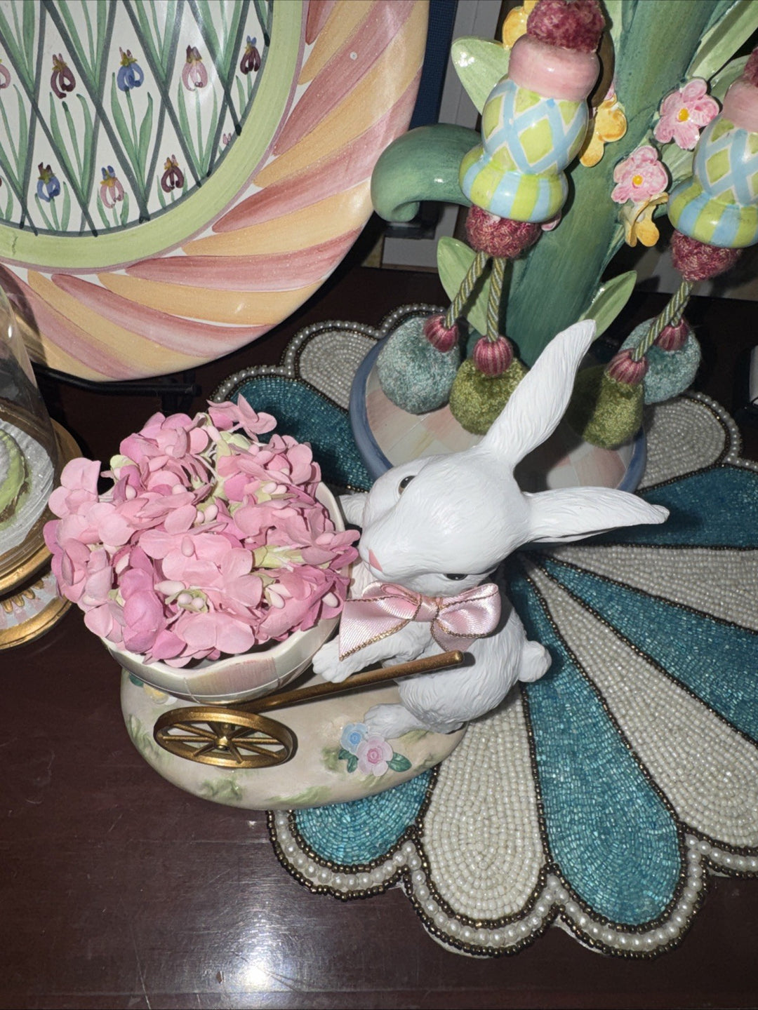 MacKenzie Childs Rosy Meadow Bunny Egg Cart