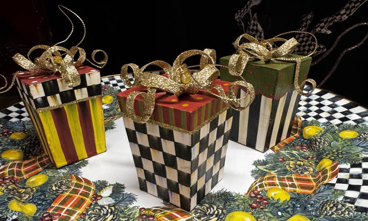 MacKenzie Childs Metal Present Ornament -4”x4” Courtly Stripe With Green Top