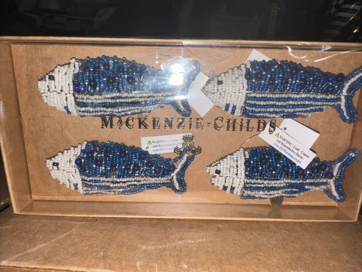 Mackenzie-Childs Go Fish Beaded Napkin Rings Set Of 4 NEW BOXED