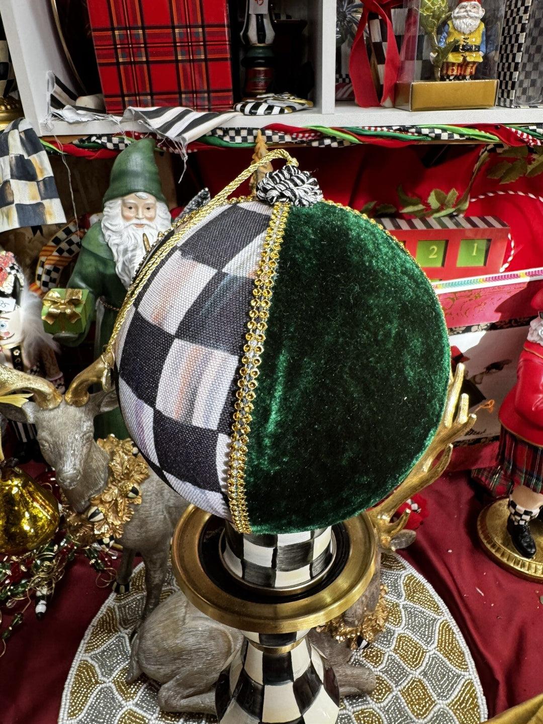 MACKENZIE CHILDS One Velvet Patchwork Courtly Check 8" Round Christmas Ornament