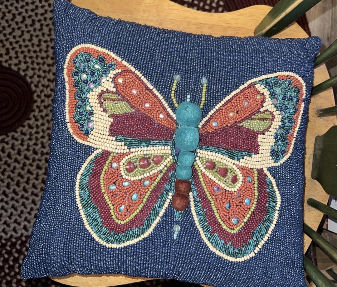 MACKENZIE CHILDs BOEHME Butterfly Glass Beaded PIllow 16 X 16 New In Bag Retired