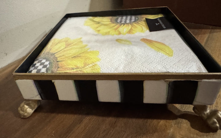 MacKenzie Childs Sun Flower  Cocktail Napkin Holder Gold Lion Claw Feet Tray