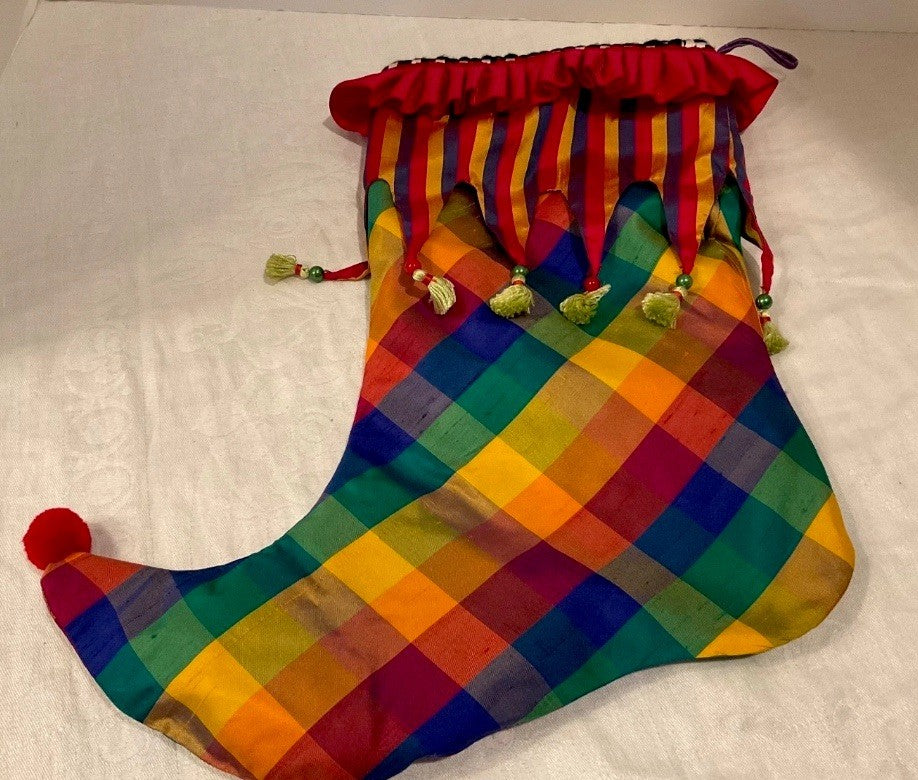 MacKenzie Childs Jester Christmas Stocking SILK GREEN TASSELS RED YELLOW GREEN