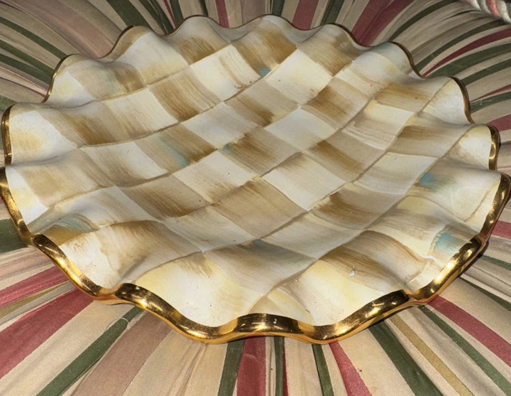 9” Mackenzie Childs   PARCHMENT CHECK CERAMIC FLUTED Gold Trim DESSERT PLATE- 1