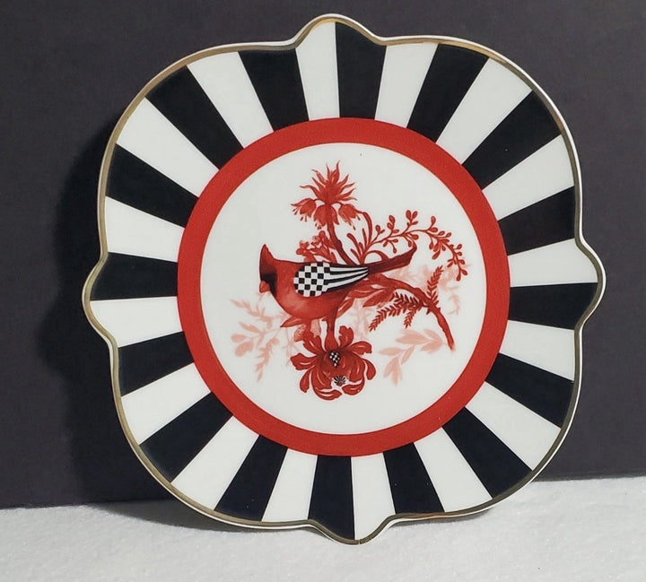 Mackenzie Childs Courtly Check Cardinal Toile porcelain bread plate 6" NEW!
