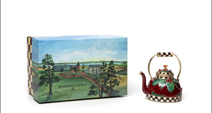 MACKENZIE CHILDS  HOLIDAY KETTLE GLASS ORNAMENT--NEW IN BOX Retired