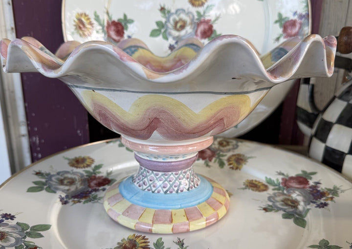 Vintage Mackenzie Childs Kukenhoff Compote Fruit Bowl Pedestal 12"- 2001
