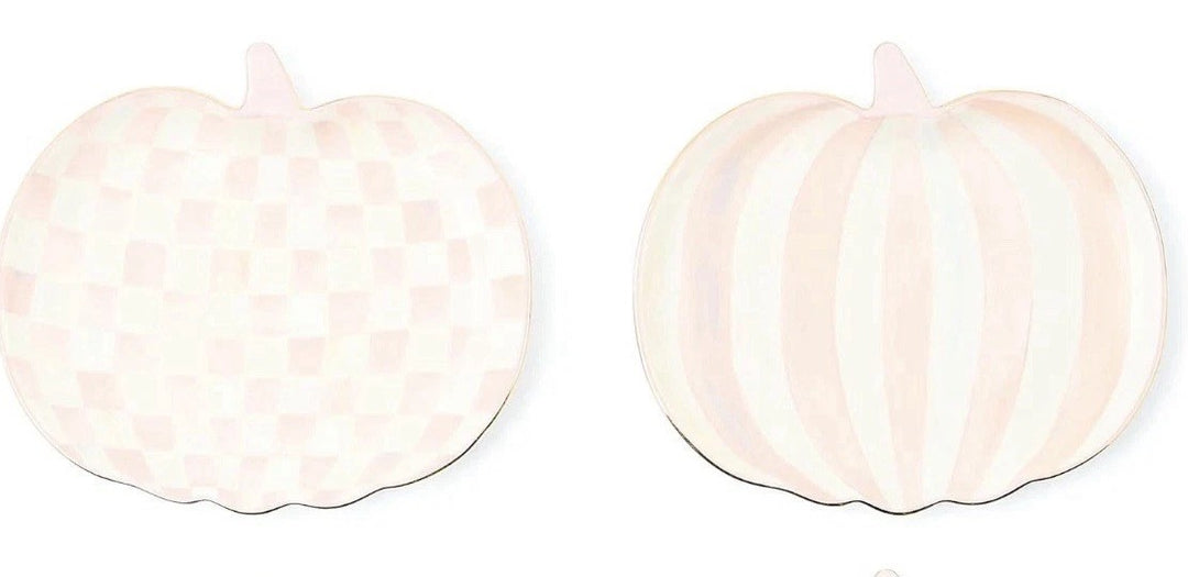 Mackenzie Childs Dessert Plates, Set Of 2 Pumpkin, Pink Rosy Check & Stripe