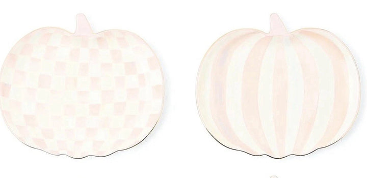 Mackenzie Childs Dessert Plates, Set Of 2 Pumpkin, Pink Rosy Check & Stripe