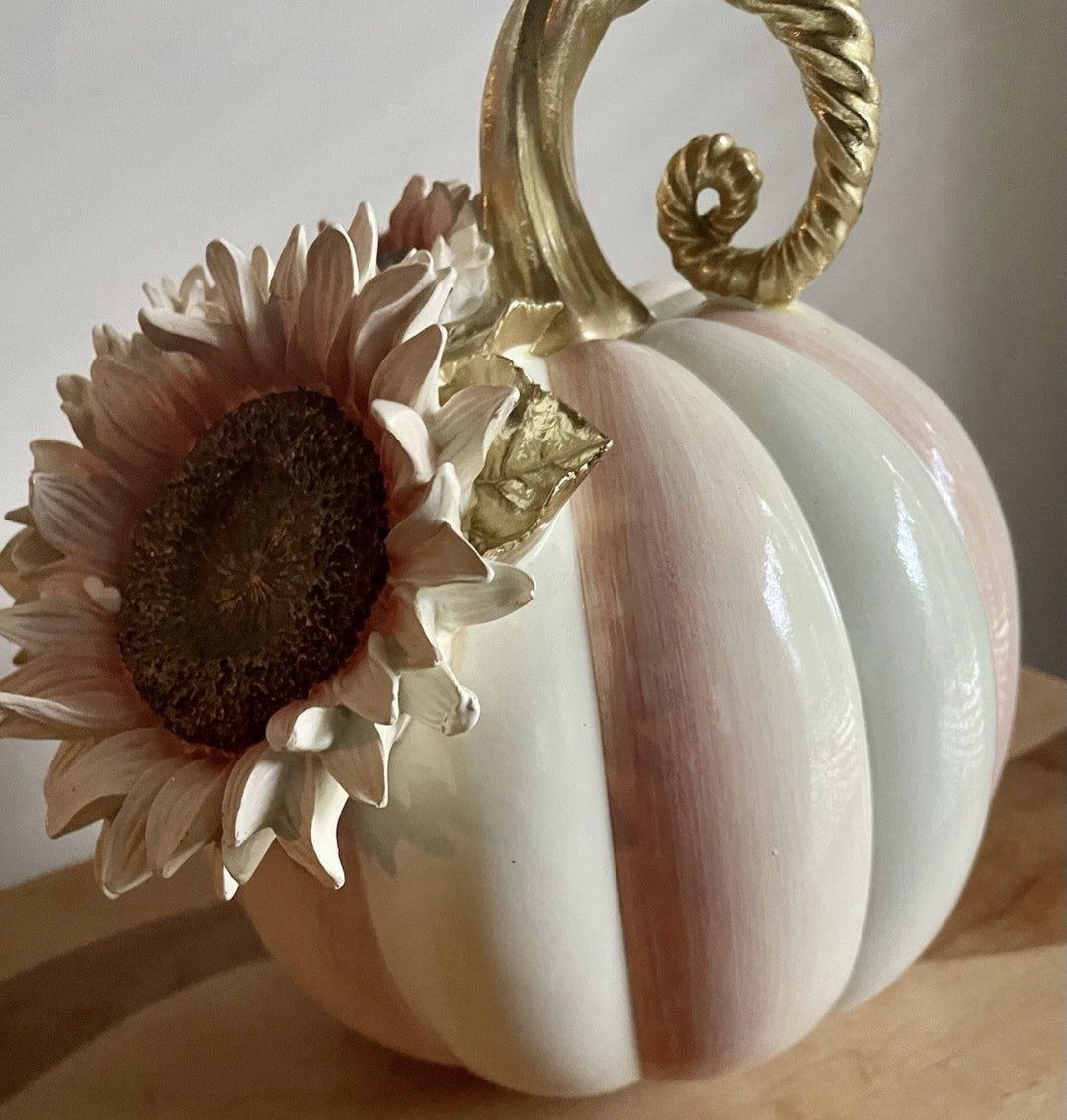 NWT MacKenzie Childs Rosy Stripe Pumpkin With Pink Sunflower - All Season Decor