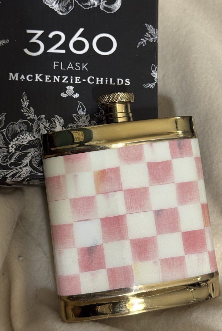 Mackenzie Childs Rosy Check 3260 Gold Flask- New In Box