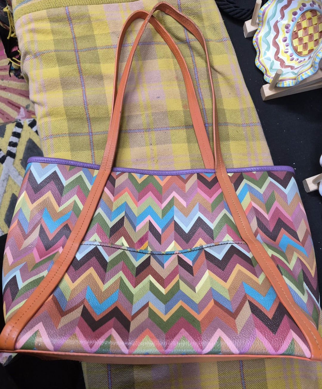 Mackenzie Childs Kaleidoscope Chevron Multicolor Tote Bag RARE