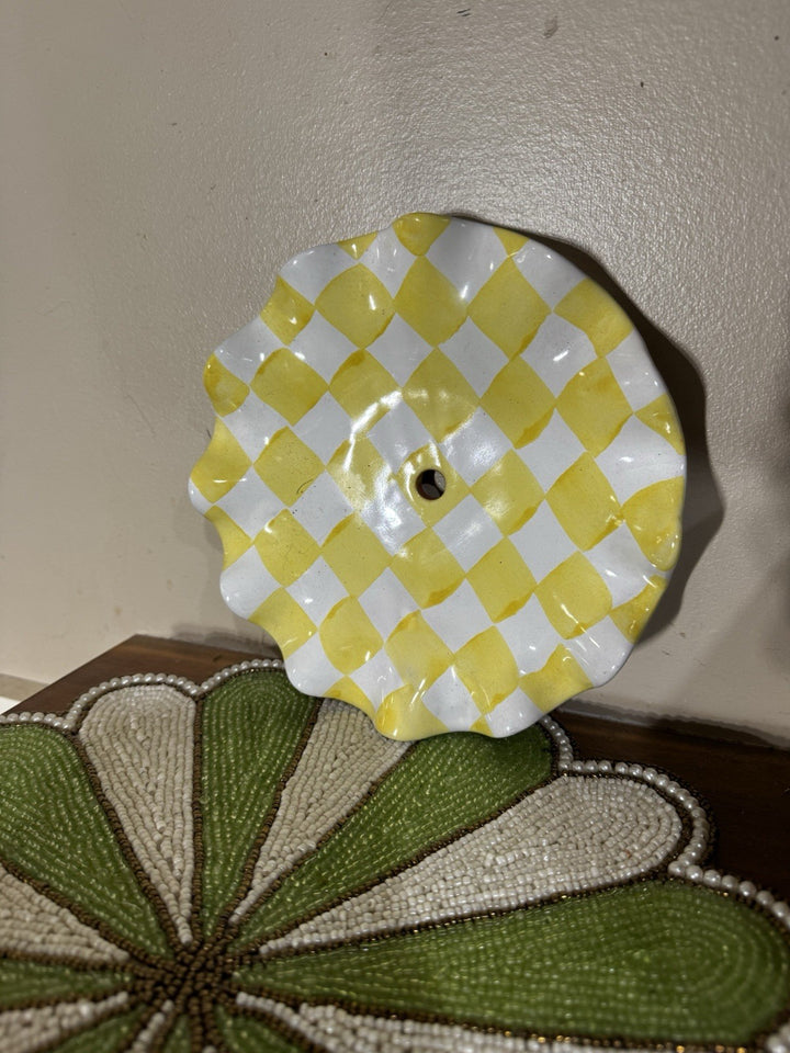 Mackenzie Childs Yellow Check Ceramic 7”Plate Fluted With Hole