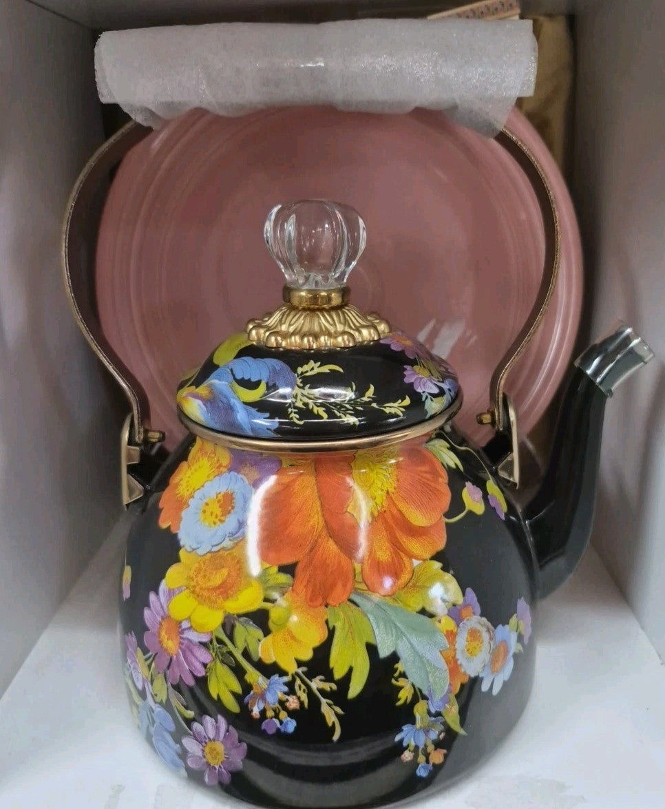 Mackenzie Childs Black Flower Market Enamel Tea Pot Kettle NEW Retired 2 Qt