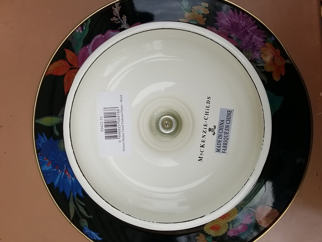 MACKENZIE-CHILDS Black Flower Market & Courtly Enamel Pedestal Platter Small 12”