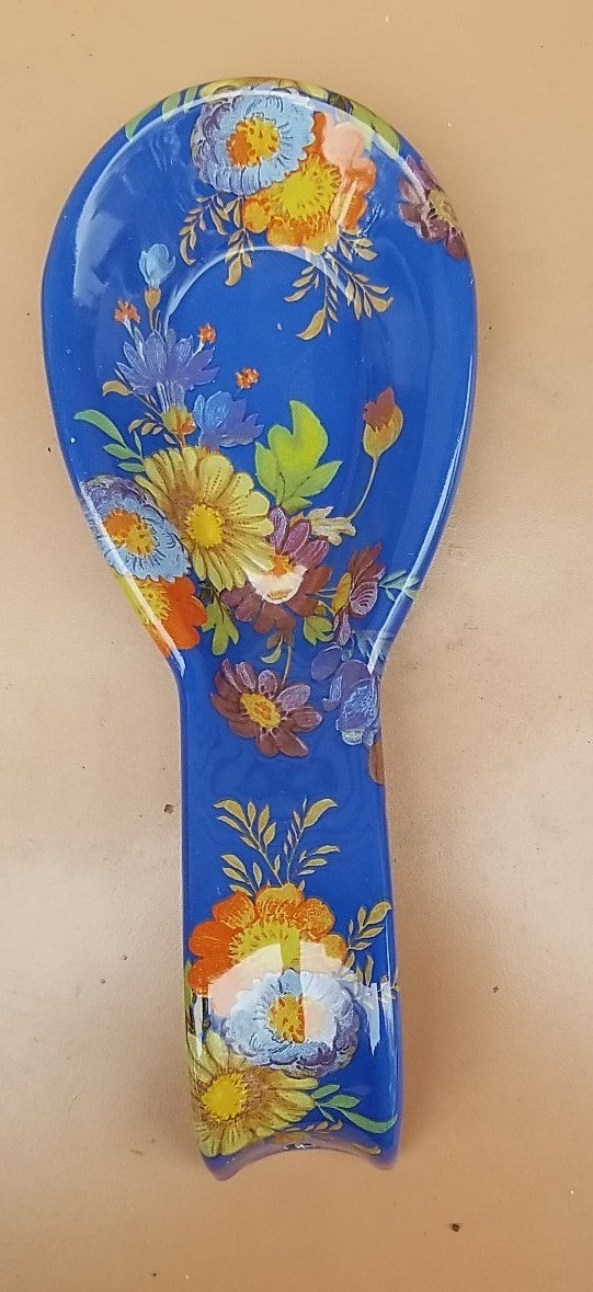 MACKENZIE CHILDS Blue Lapis Flower Market Enamel Spoon Rest NEW