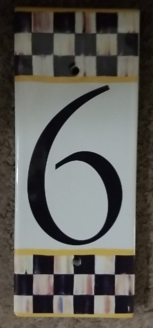 MACKENZIE CHILDS  HOUSE NUMBER 6 Or 9 COURTLY CHECK TILE NEW 7" X 3"