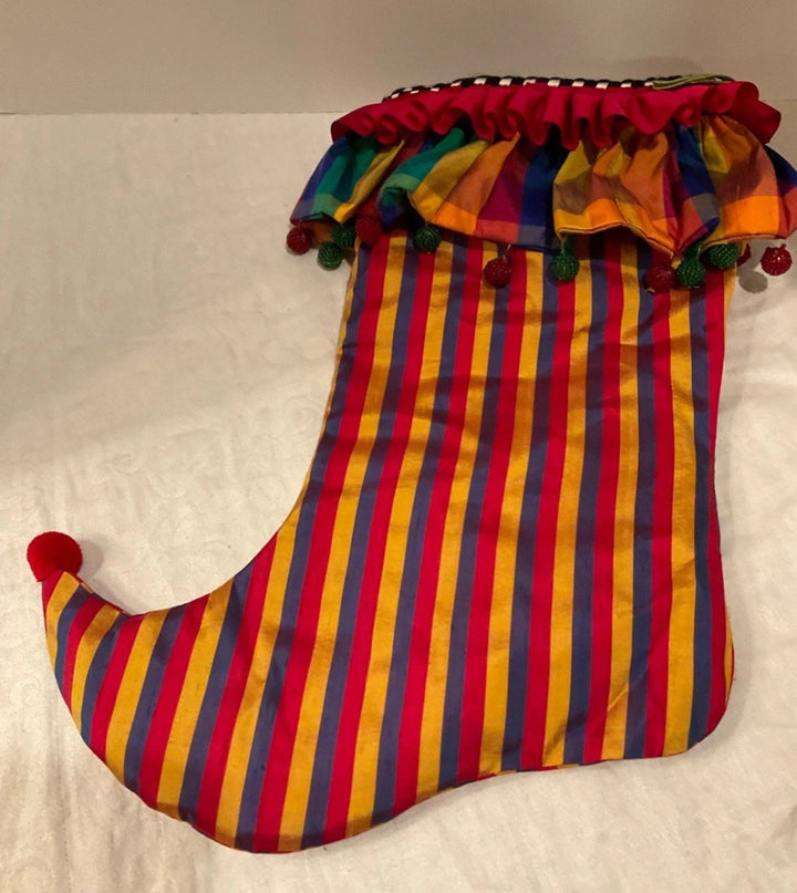 MacKenzie Childs Jester Christmas Stocking Balls Striped 15” Long- Retired Silk