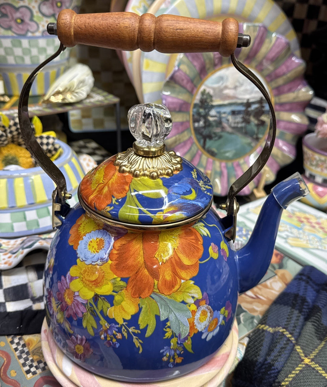 MacKenzie Childs 2 Quart Tea Kettle Blue Lapis Flower Market New