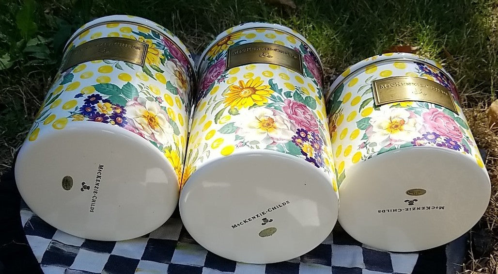 MacKenzie Childs Buttercup Canisters Set of 3, Retired Pattern, Lidded. S M L