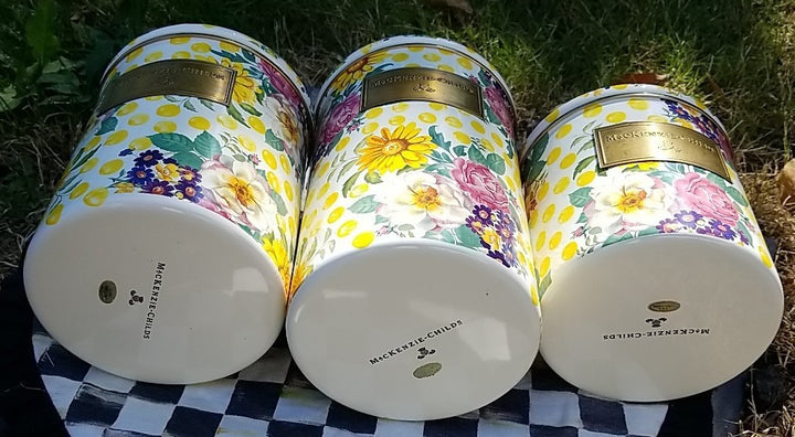 MacKenzie Childs Buttercup Canisters Set of 3, Retired Pattern, Lidded. S M L