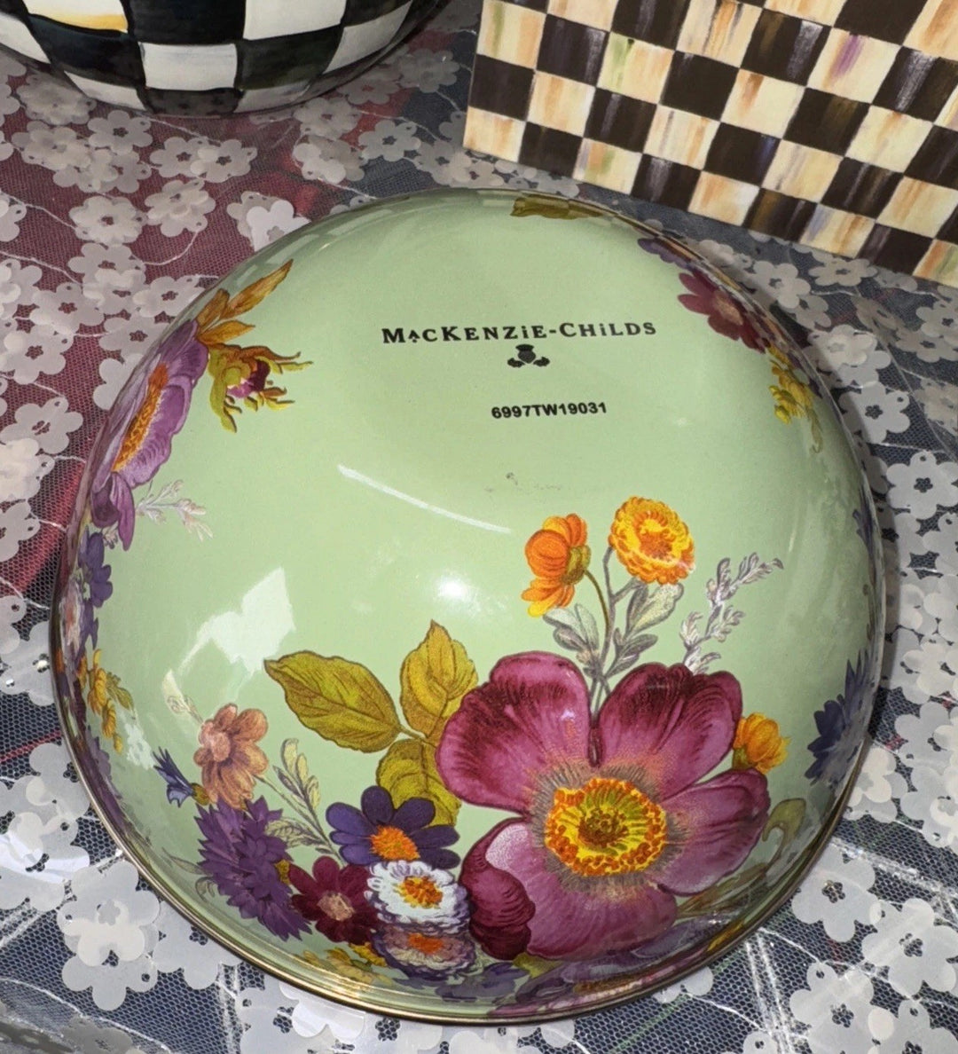 Mackenzie Childs Green Flower Market Enamel 7.5” X3.5” Everyday Sm  Bowl Retired