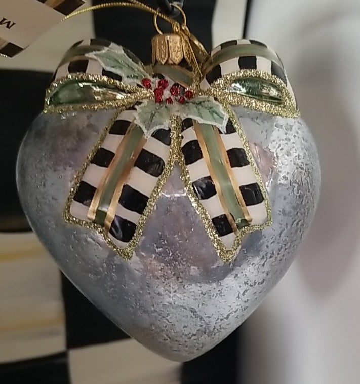 Mackenzie Childs Farmhouse Holiday Heart Glass Ornament NIB