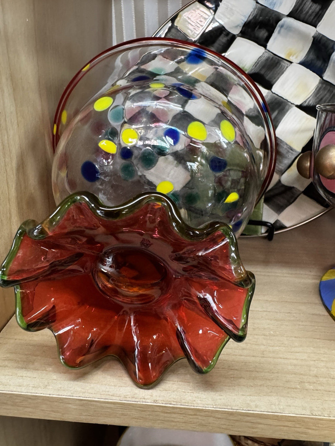 MacKenzie Childs Molten Confetti Compote Dessert Glass Compote With Fluted Base