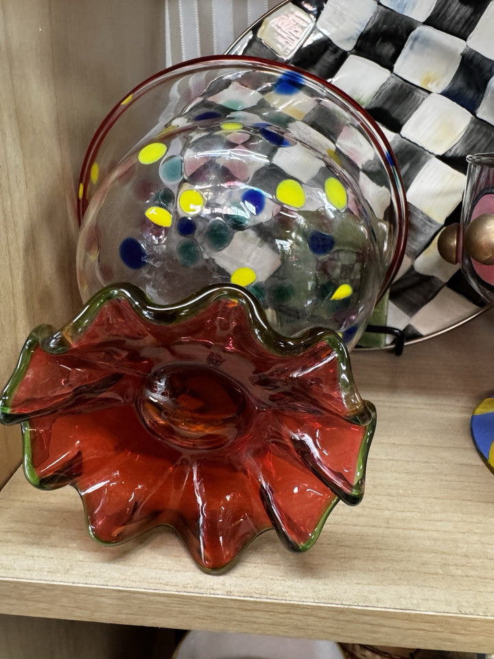 MacKenzie Childs Molten Confetti Compote Dessert Glass Compote With Fluted Base