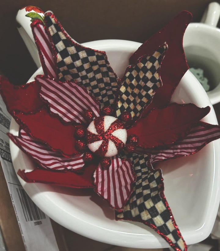 MacKenzie Childs Peppermint Stripe Jumbo Flower Clip Courtly Check Christmas NEW