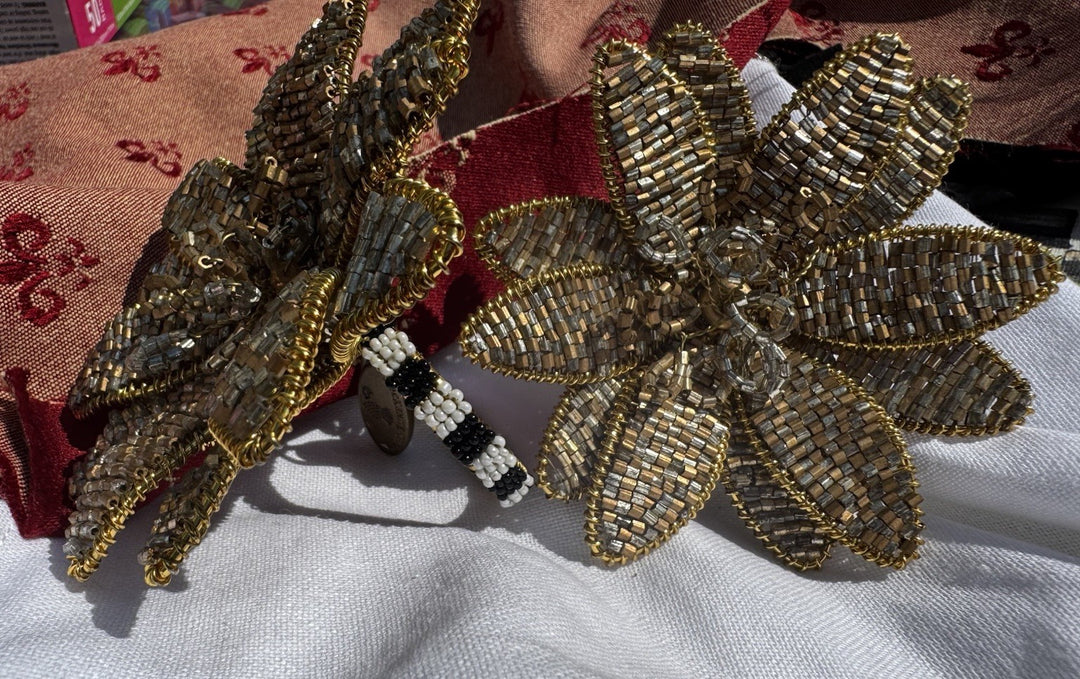Mackenzie Childs Golden Flower Napkin Ring Set Of 2- Beaded - Retired