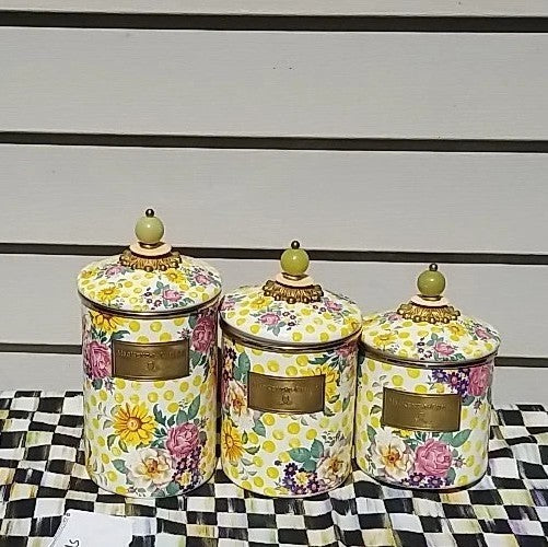 MacKenzie Childs Buttercup Canisters Set of 3, Retired Pattern, Lidded. S M L
