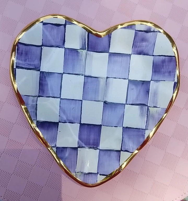 New Mackenzie Childs Plum Purple Check Fluted Ceramic Heart Plate- Gold Trim