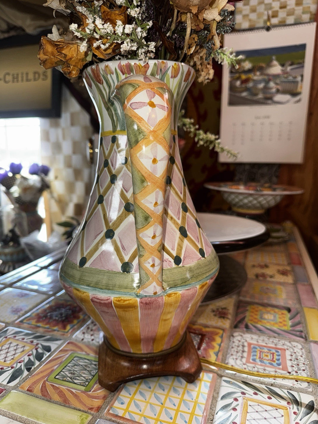 Mackenzie Childs  Sherwood Garden Pitcher Lamp With Dried Flowers 31” Tall